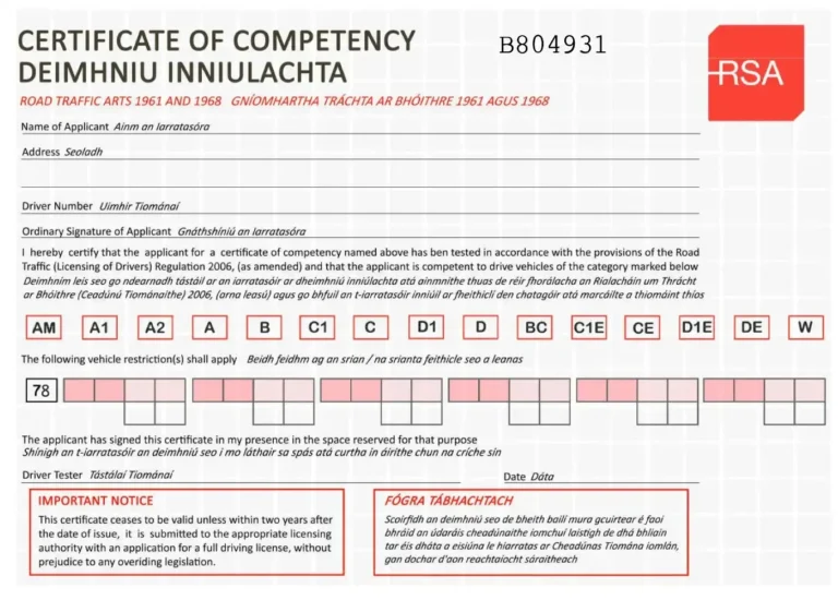 Irish Driving licence, certificate of competency, ireland registered driving licence